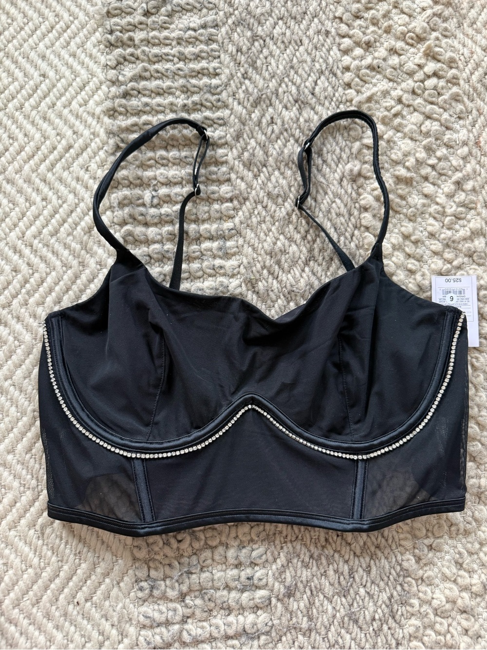 Auden Black XL underwire semi sheer rhinestone trim bra lingerie adj straps